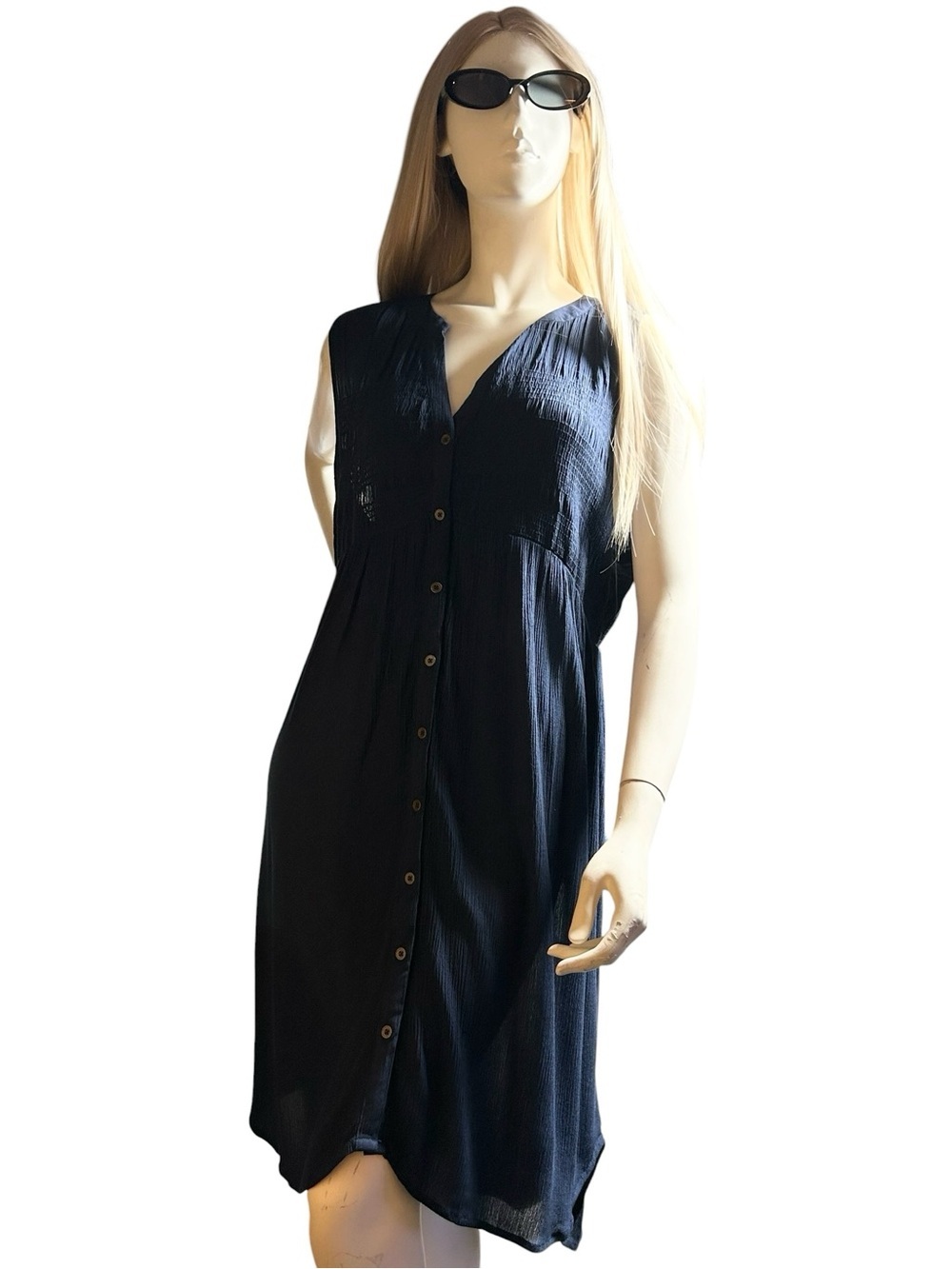 Knox Rose Navy Blue Smocked Button Front Dress Boho Peasant Cottage Core Size M